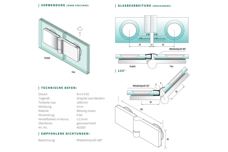 Eido S40 Hebe-Senk-Scharnier Glas-Glas 180°, DIN links, 8 mm ESG, Art.Nr. 402003