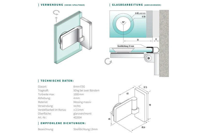 Eido S40 Hebe-Senk-Scharnier Glas-Wand 90°, DIN rechts, 8 mm ESG, Art.Nr. 402004