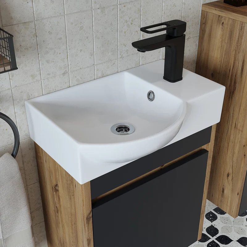 Roomart 4-teiliges Badmöbel-Set LEO, 46 cm, schmales Gäste-WC-Set mit Spiegelschrank, in 4 Farben