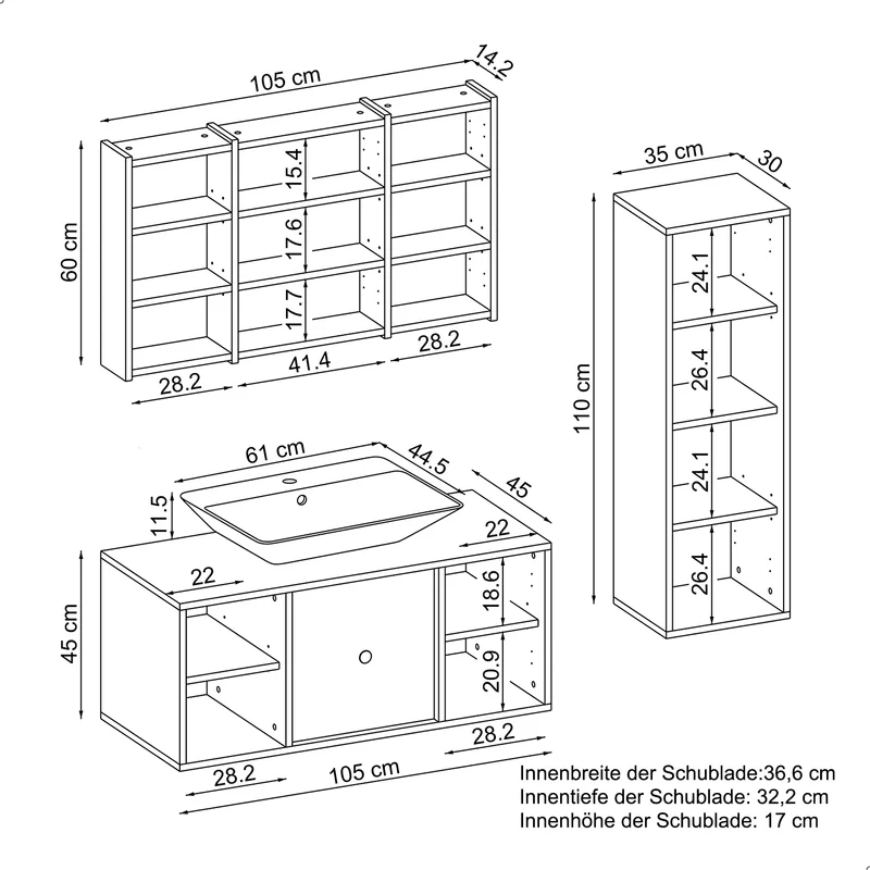Roomart Badmöbel-Set GUSTO-ATL 105 cm, 4-teilig mit Keramik-Waschbecken und Spiegelschrank