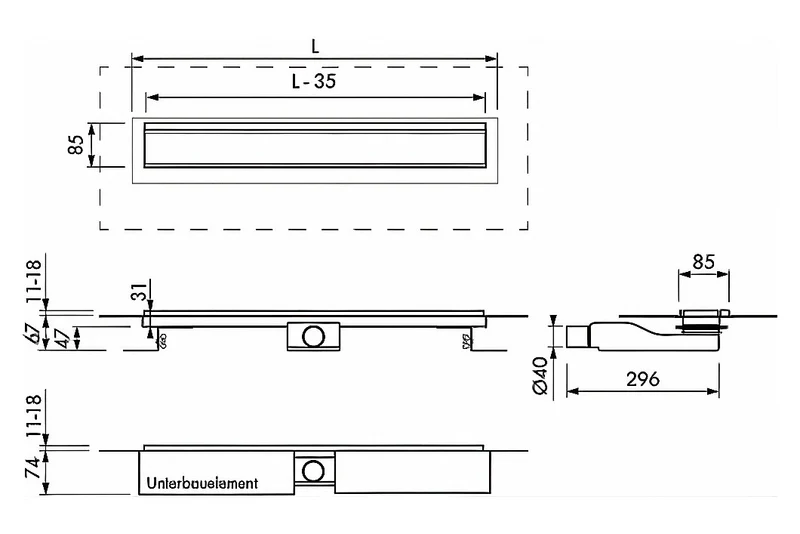 FORMAT Tec Flex-W Duschrinne Komplett-Set zur Wandverlegung, befliesbar, Edelstahl gebürstet, 700 bis 1000 mm, Art.Nr. 246787 bis 246790