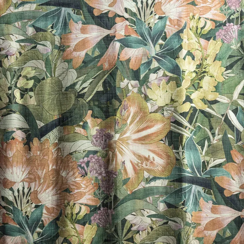 Sea of Blossoms – floraler Design Vorhang nach Maß auf schwerer Leinen-Viskose-Qualität Hibiskus und Lilien