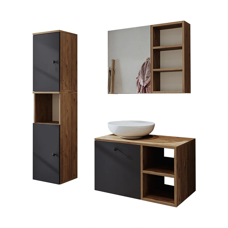 Roomart 4-teiliges Badmöbel-Set LOTUS, 75 cm, mit rundem Aufsatzbecken und Hochschrank, in 3 Farben