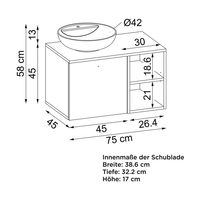 Roomart 4-teiliges Badmöbel-Set LOTUS, 75 cm, mit rundem Aufsatzbecken und Hochschrank, in 3 Farben