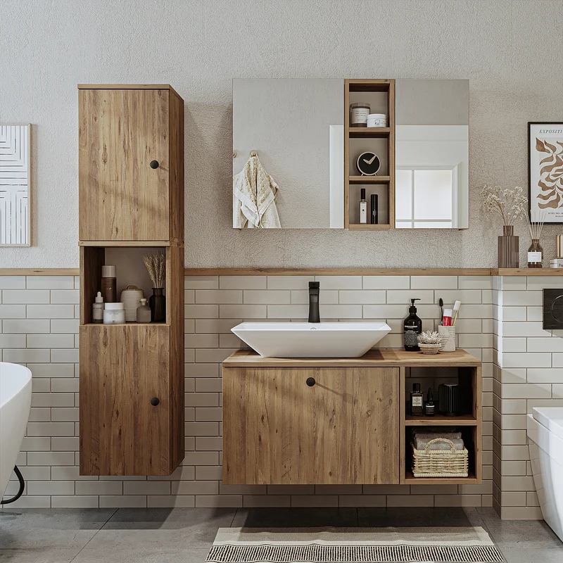 Roomart Badmöbel Set LOTUS 95 cm – 4-teiliges Badezimmermöbel mit Keramik-Waschbecken, Spiegelschrank & Hochschrank – Modernes Design