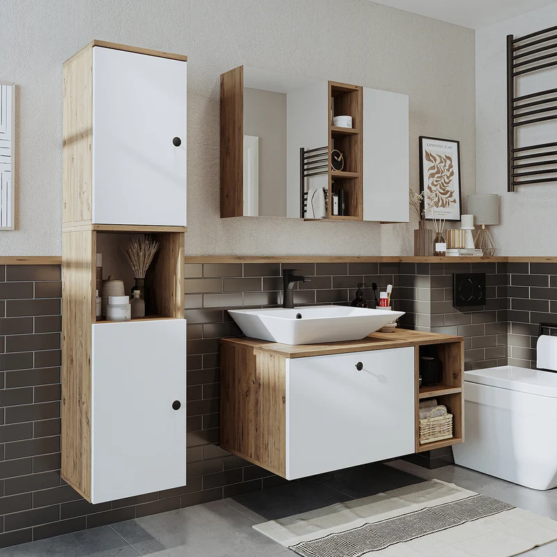 Roomart Badmöbel Set LOTUS 95 cm – 4-teiliges Badezimmermöbel mit Keramik-Waschbecken, Spiegelschrank & Hochschrank – Modernes Design