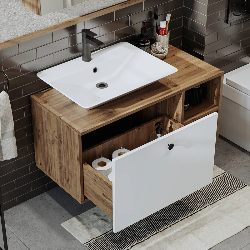 Roomart Badmöbel Set LOTUS 95 cm – 4-teiliges Badezimmermöbel mit Keramik-Waschbecken, Spiegelschrank & Hochschrank – Modernes Design