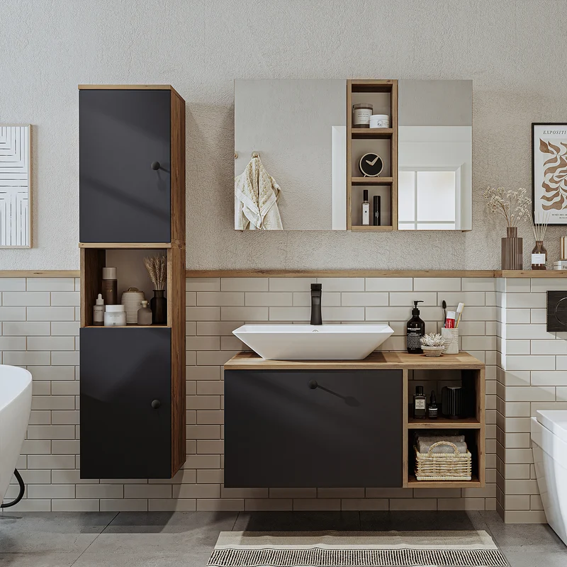 Roomart Badmöbel Set LOTUS 95 cm – 4-teiliges Badezimmermöbel mit Keramik-Waschbecken, Spiegelschrank & Hochschrank – Modernes Design