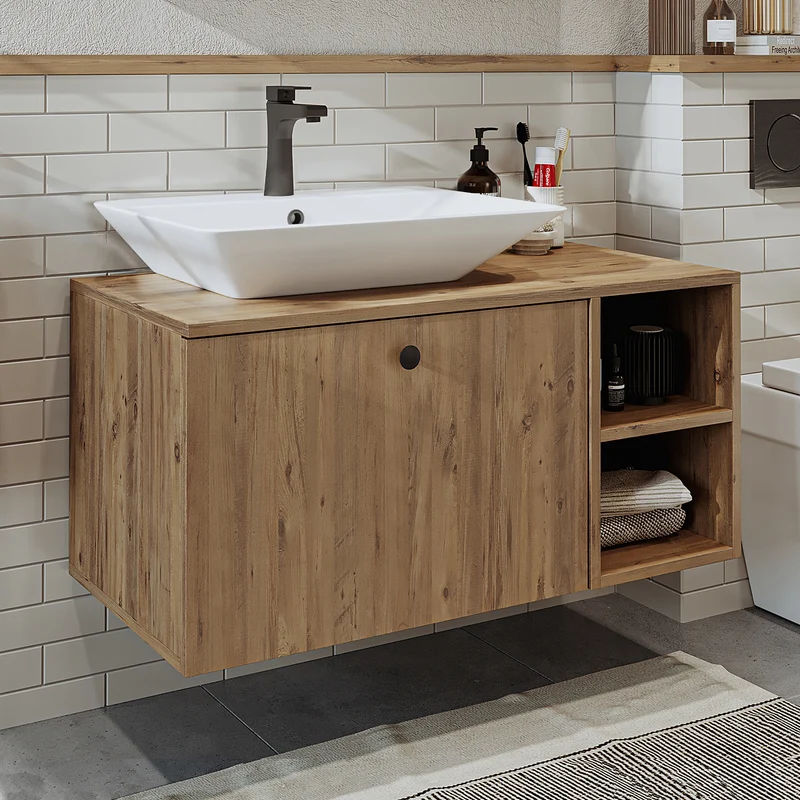 Roomart Badmöbel Set LOTUS 95 cm – 4-teiliges Badezimmermöbel mit Keramik-Waschbecken, Spiegelschrank & Hochschrank – Modernes Design
