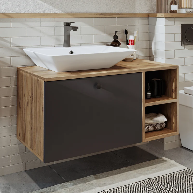 Roomart Badmöbel Set LOTUS 95 cm – 4-teiliges Badezimmermöbel mit Keramik-Waschbecken, Spiegelschrank & Hochschrank – Modernes Design