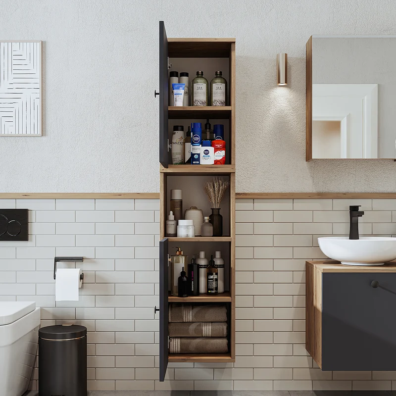 Roomart Badmöbel Set LOTUS 95 cm – 4-teiliges Badezimmermöbel mit Keramik-Waschbecken, Spiegelschrank & Hochschrank – Modernes Design