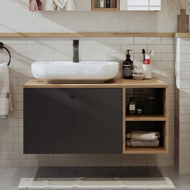 Roomart 4-teiliges Badmöbel-Set LOTUS, 95 cm, mit ovalem Aufsatzbecken und Hochschrank, in 3 Farben