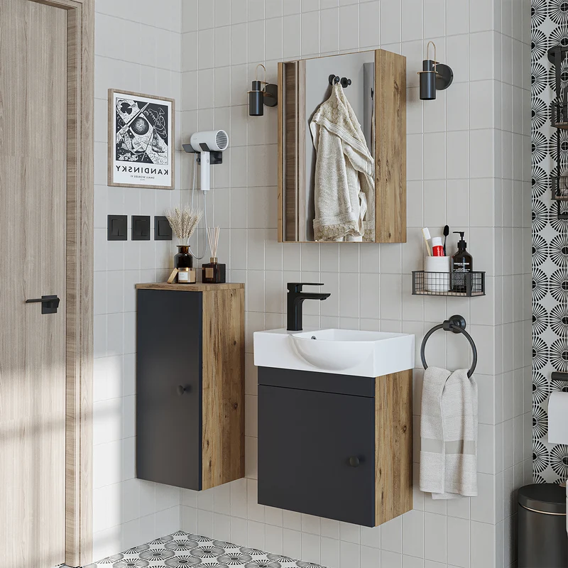 Roomart Badmöbel-Set PUNTO, 46 cm, schmales Gäste-WC-Set mit Spiegelschrank, in 4 Farben