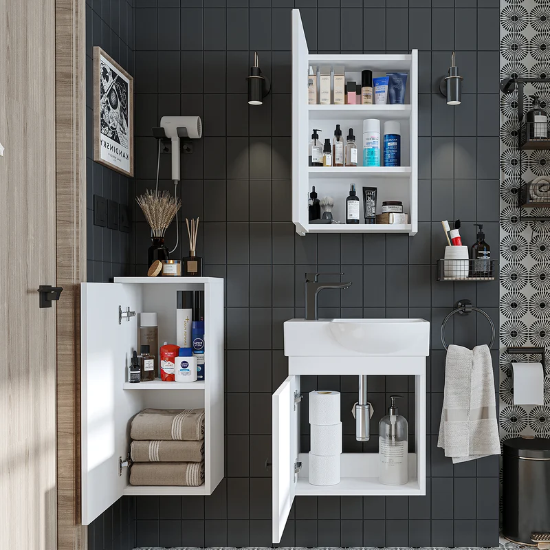 Roomart Badmöbel-Set PUNTO, 46 cm, schmales Gäste-WC-Set mit Spiegelschrank, in 4 Farben
