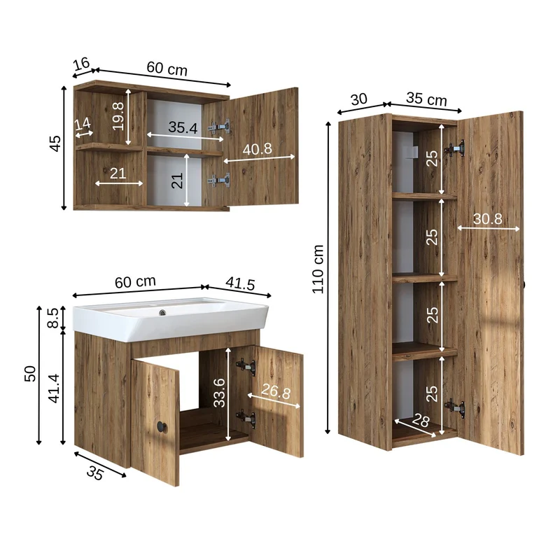 Roomart 4-teiliges Badmöbel-Set ADA, 60 cm, mit Waschbecken und Hochschrank, in 5 Farben