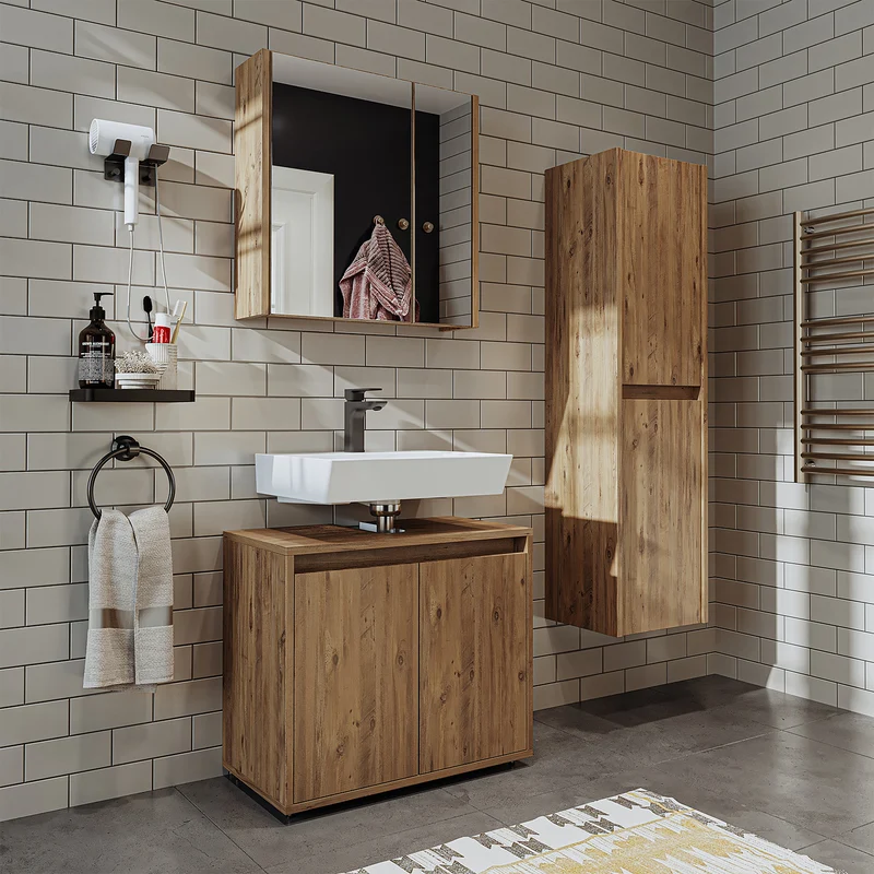 Roomart 3-teiliges Badmöbel-Set MELONA-S2, 65 cm, ohne Becken, mit Spiegel- und Hochschrank, in 4 Farben
