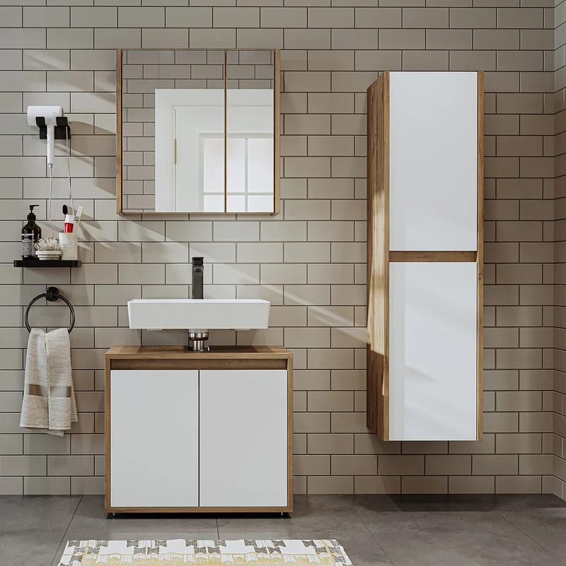 Roomart 3-teiliges Badmöbel-Set MELONA-S2, 65 cm, ohne Becken, mit Spiegel- und Hochschrank, in 4 Farben