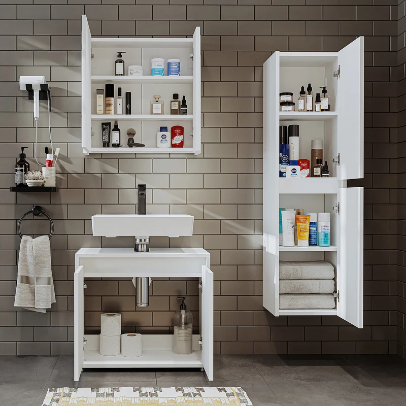 Roomart 3-teiliges Badmöbel-Set MELONA-S2, 65 cm, ohne Becken, mit Spiegel- und Hochschrank, in 4 Farben