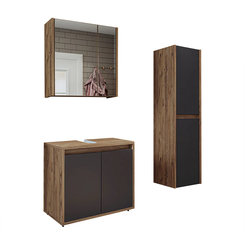 Roomart 3-teiliges Badmöbel-Set MELONA-S2, 65 cm, ohne Becken, mit Spiegel- und Hochschrank, in 4 Farben