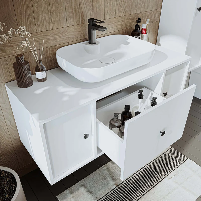 Roomart 4-teiliges Badmöbel-Set GUSTO, 120 cm, mit ovalem Waschbecken und Hochschrank, in 2 Farben