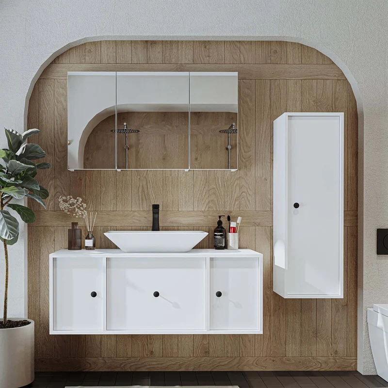 Roomart 4-teiliges Badmöbel-Set GUSTO-ATL, 120 cm, mit eckigem Waschbecken und Hochschrank, in 2 Farben