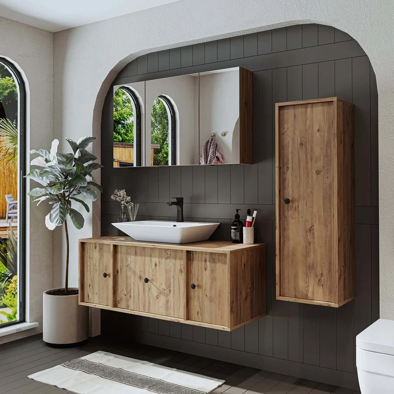 Roomart 4-teiliges Badmöbel-Set GUSTO-ATL, 120 cm, mit eckigem Waschbecken und Hochschrank, in 2 Farben