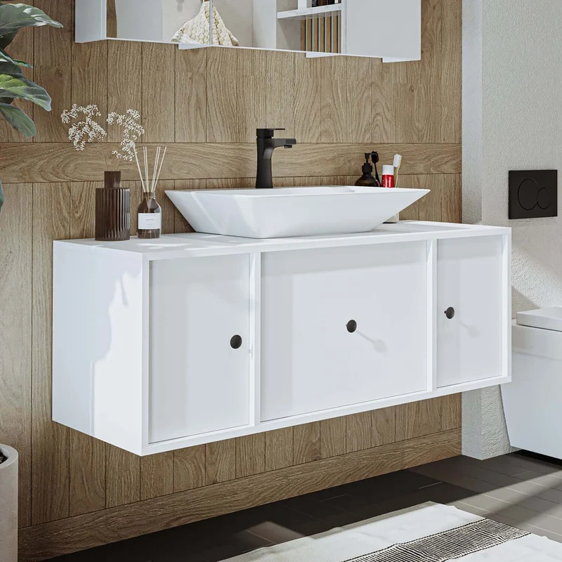 Roomart 4-teiliges Badmöbel-Set GUSTO-ATL, 120 cm, mit eckigem Waschbecken und Hochschrank, in 2 Farben
