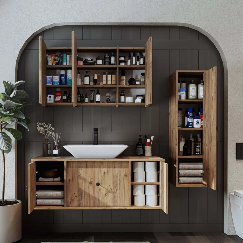 Roomart 4-teiliges Badmöbel-Set GUSTO-ATL, 120 cm, mit eckigem Waschbecken und Hochschrank, in 2 Farben