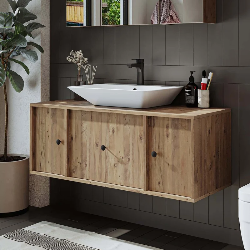 Roomart 4-teiliges Badmöbel-Set GUSTO-ATL, 120 cm, mit eckigem Waschbecken und Hochschrank, in 2 Farben