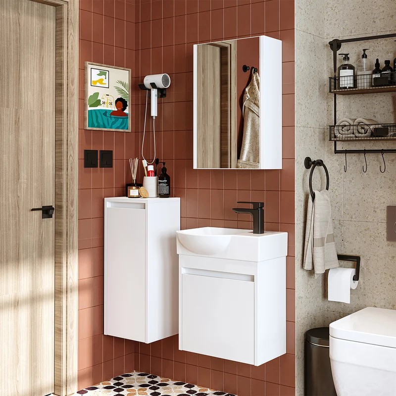 Roomart 4-teiliges Badmöbel-Set LEO, 46 cm, schmales Gäste-WC-Set mit Spiegelschrank, in 4 Farben