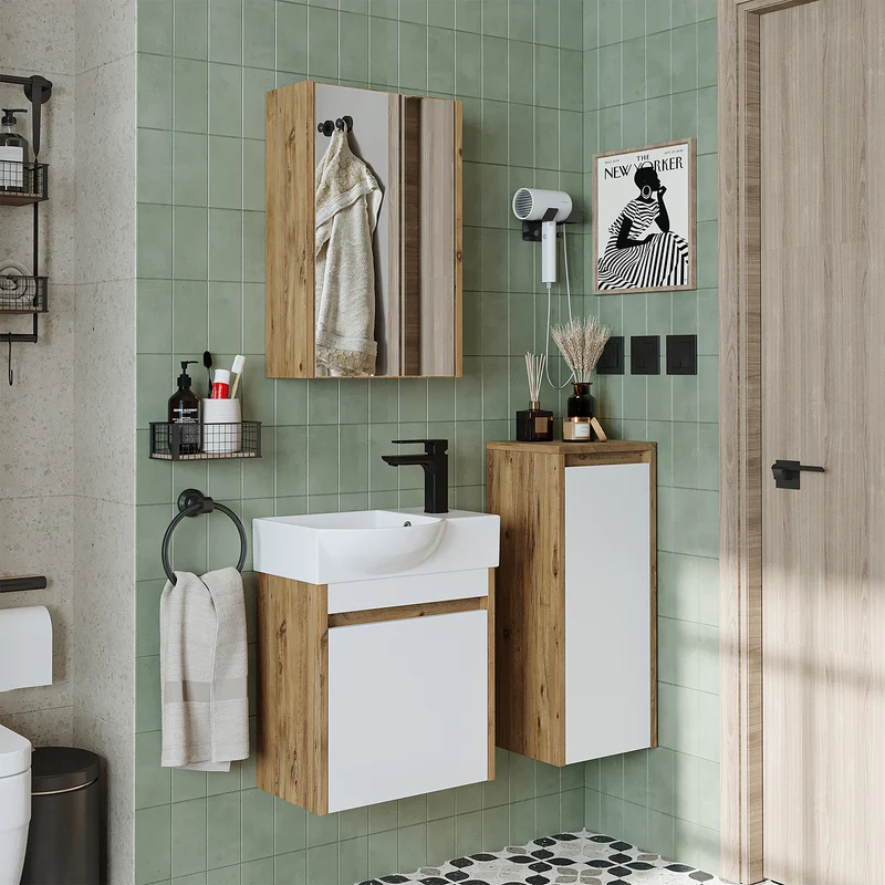 Roomart 4-teiliges Badmöbel-Set LEO, 46 cm, schmales Gäste-WC-Set mit Spiegelschrank, in 4 Farben
