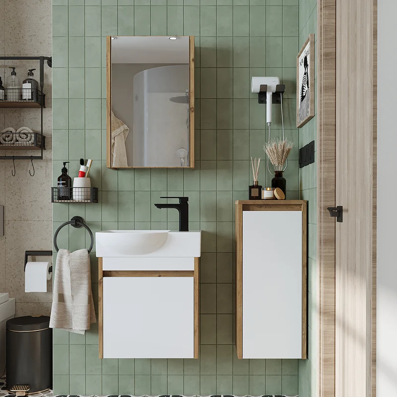 Roomart 4-teiliges Badmöbel-Set LEO, 46 cm, schmales Gäste-WC-Set mit Spiegelschrank, in 4 Farben
