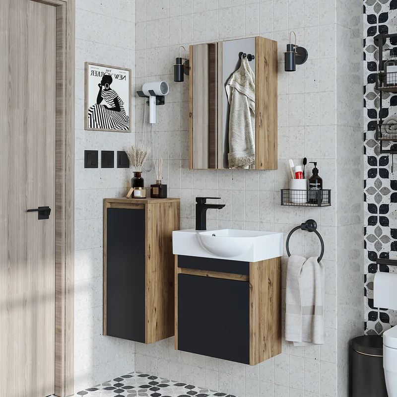 Roomart 4-teiliges Badmöbel-Set LEO, 46 cm, schmales Gäste-WC-Set mit Spiegelschrank, in 4 Farben