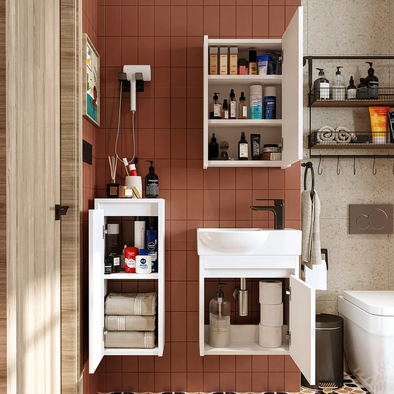 Roomart 4-teiliges Badmöbel-Set LEO, 46 cm, schmales Gäste-WC-Set mit Spiegelschrank, in 4 Farben
