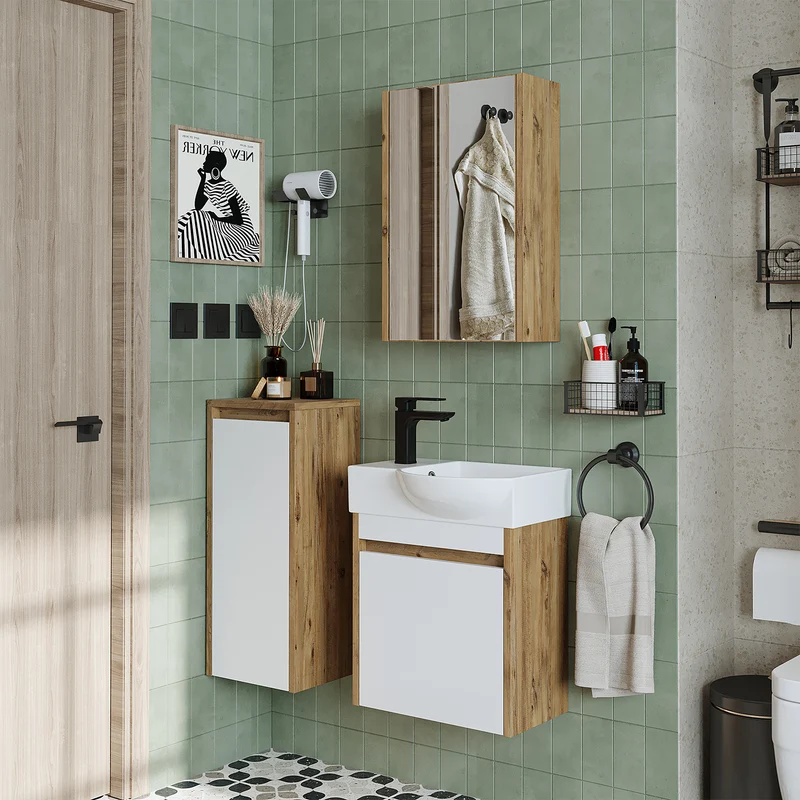 Roomart 4-teiliges Badmöbel-Set LEO, 46 cm, schmales Gäste-WC-Set mit Spiegelschrank, in 4 Farben
