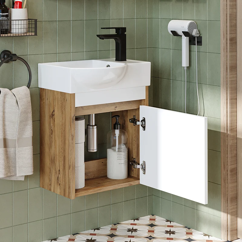 Roomart 4-teiliges Badmöbel-Set LEO, 46 cm, schmales Gäste-WC-Set mit Spiegelschrank, in 4 Farben