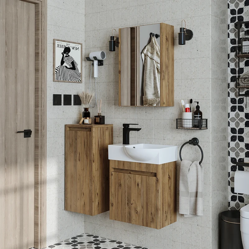 Roomart 4-teiliges Badmöbel-Set LEO, 46 cm, schmales Gäste-WC-Set mit Spiegelschrank, in 4 Farben