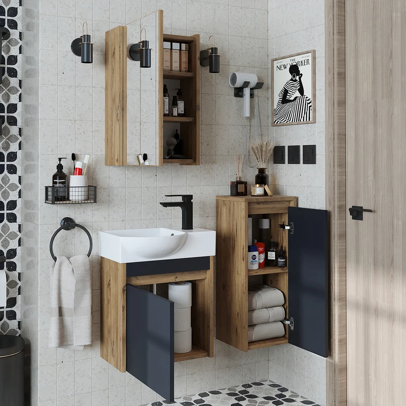 Roomart 4-teiliges Badmöbel-Set LEO, 46 cm, schmales Gäste-WC-Set mit Spiegelschrank, in 4 Farben