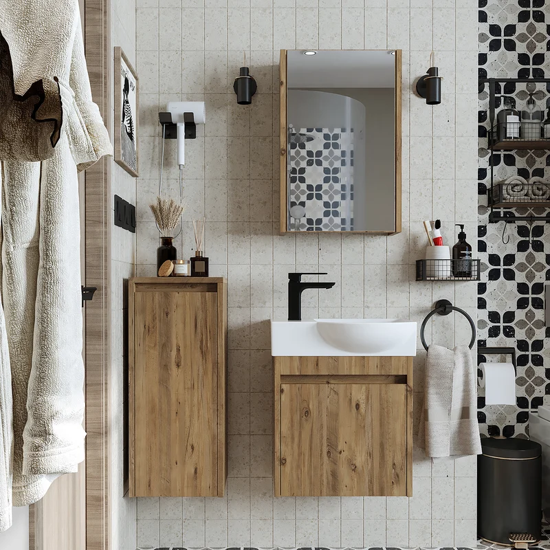 Roomart 4-teiliges Badmöbel-Set LEO, 46 cm, schmales Gäste-WC-Set mit Spiegelschrank, in 4 Farben