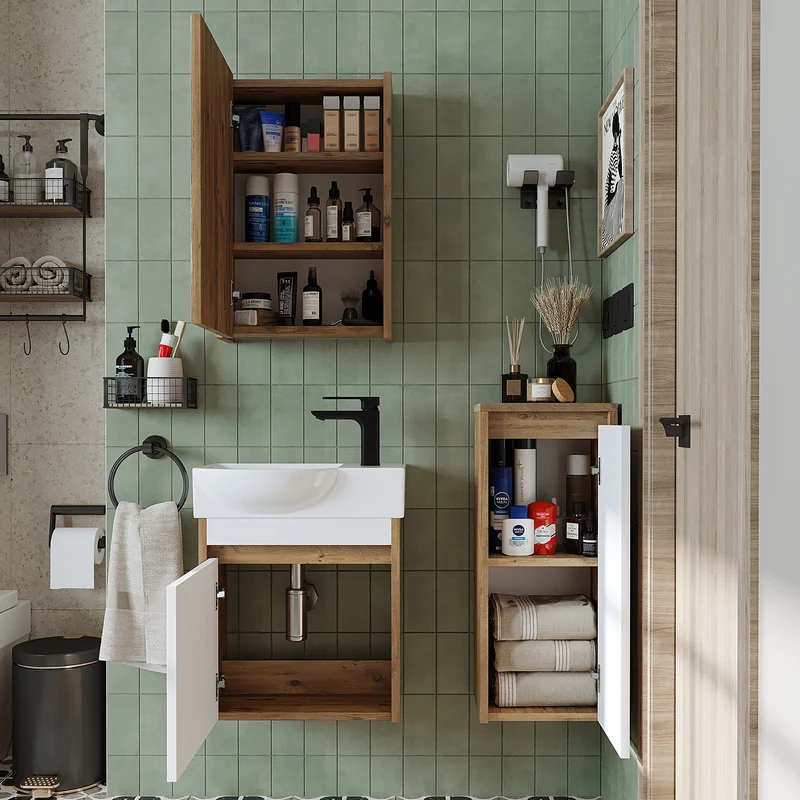 Roomart 4-teiliges Badmöbel-Set LEO, 46 cm, schmales Gäste-WC-Set mit Spiegelschrank, in 4 Farben