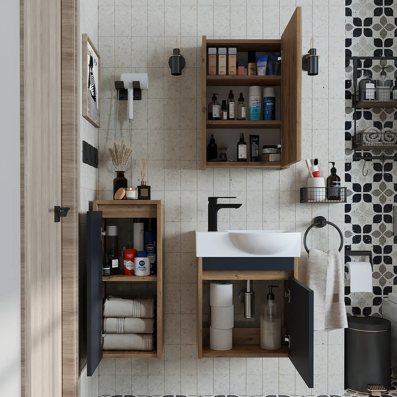 Roomart 4-teiliges Badmöbel-Set LEO, 46 cm, schmales Gäste-WC-Set mit Spiegelschrank, in 4 Farben