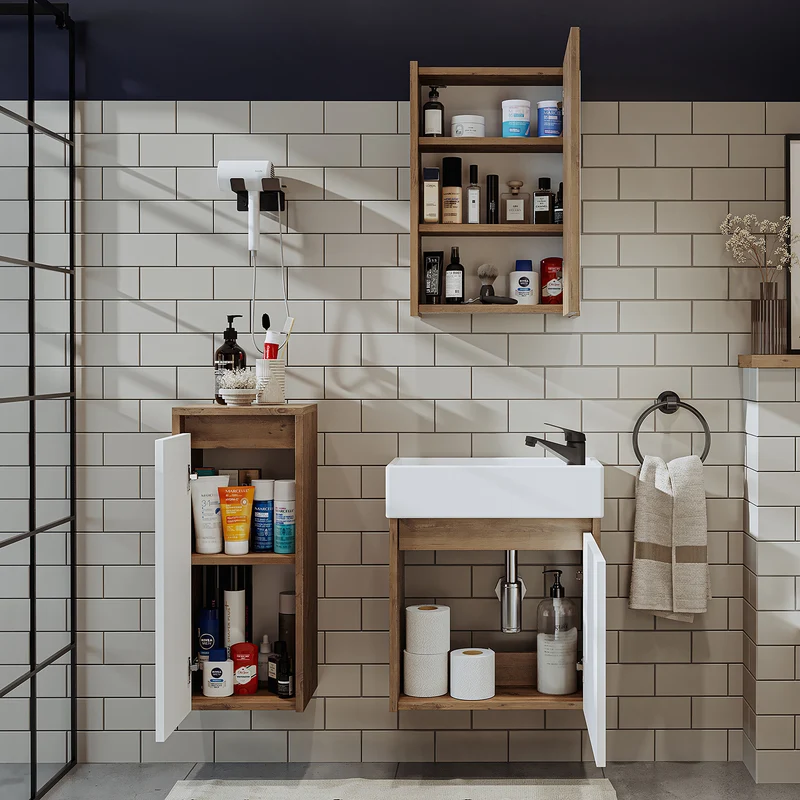 Roomart 4-teiliges Badmöbel-Set MINI, 50 cm, mit Keramikbecken, Spiegel- und Seitenschrank, in 5 Farben
