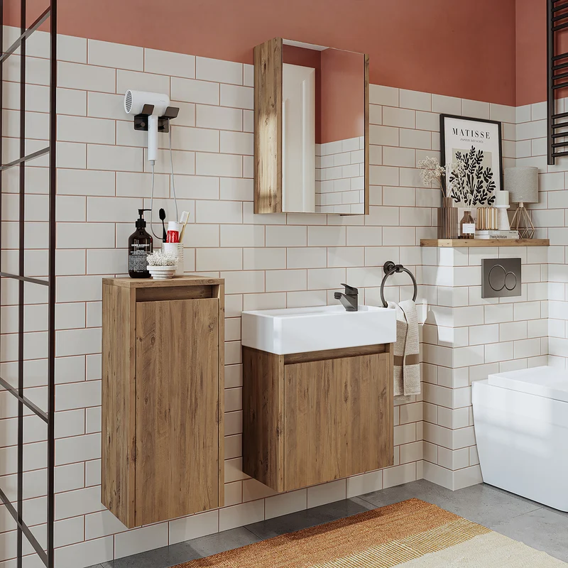 Roomart 4-teiliges Badmöbel-Set MINI, 50 cm, mit Keramikbecken, Spiegel- und Seitenschrank, in 5 Farben