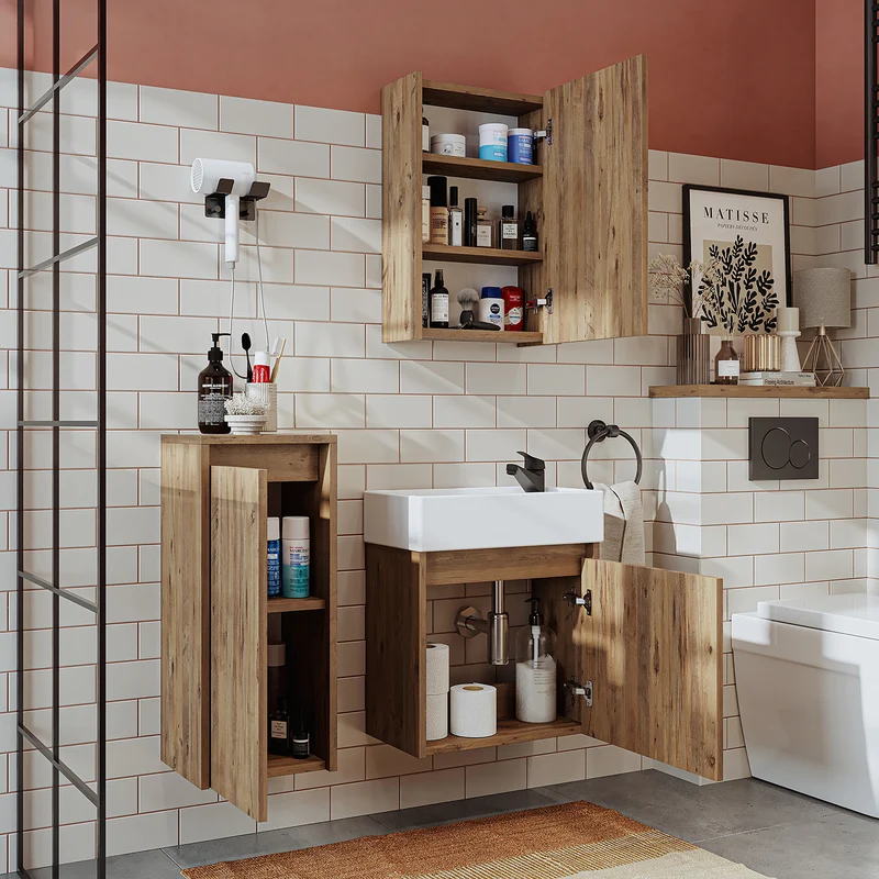Roomart 4-teiliges Badmöbel-Set MINI, 50 cm, mit Keramikbecken, Spiegel- und Seitenschrank, in 5 Farben