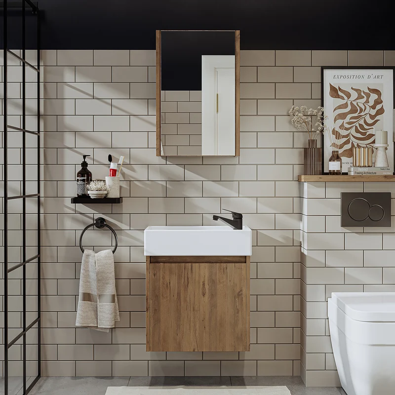 Roomart 4-teiliges Badmöbel-Set MINI, 50 cm, mit Keramikbecken, Spiegel- und Seitenschrank, in 5 Farben