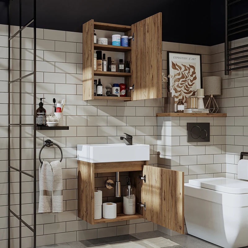 Roomart 4-teiliges Badmöbel-Set MINI, 50 cm, mit Keramikbecken, Spiegel- und Seitenschrank, in 5 Farben