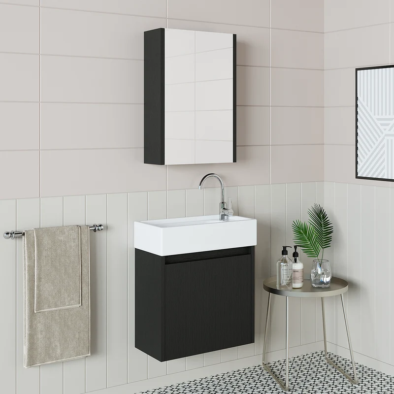 Roomart 4-teiliges Badmöbel-Set MINI, 50 cm, mit Keramikbecken, Spiegel- und Seitenschrank, in 5 Farben