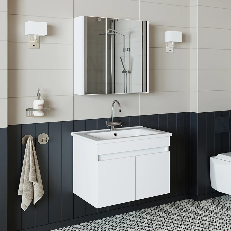 Roomart 3-teiliges Badmöbel-Set ATRIA, 65 cm, mit Keramikbecken und Spiegelschrank, in 4 Farben