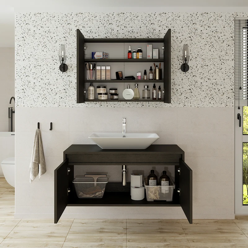 Roomart 3-teiliges Badmöbel-Set ATLANTIC, 100 cm, mit Aufsatzbecken und Spiegelschrank, in 5 Farben