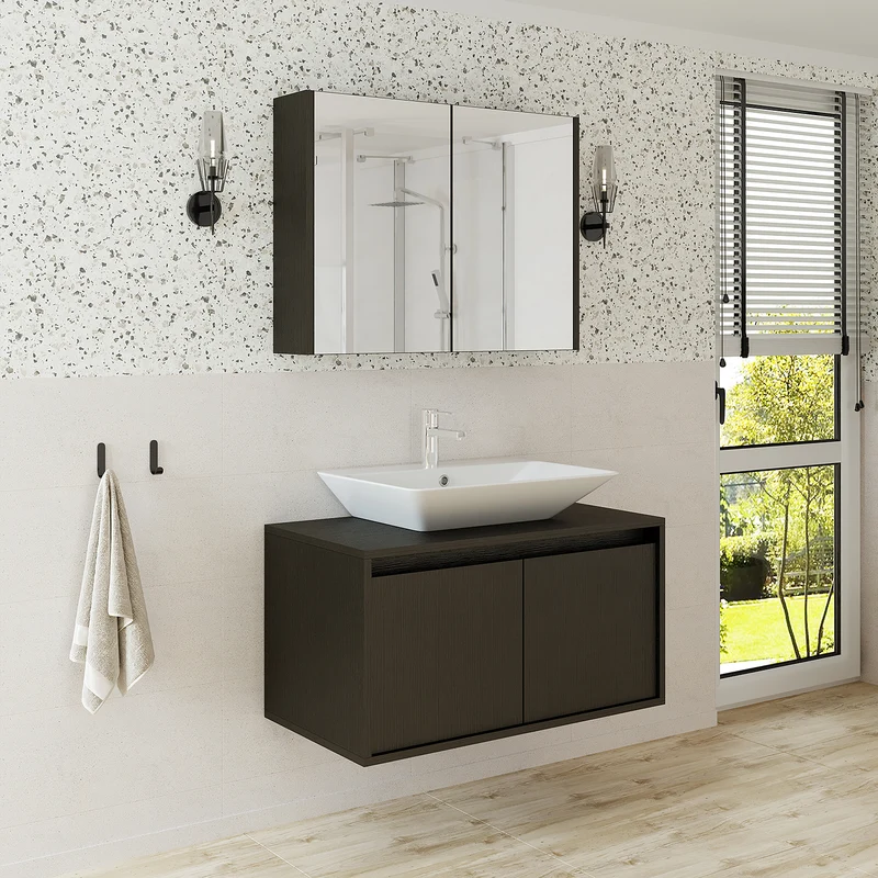 Roomart 3-teiliges Badmöbel-Set ATLANTIC, 85 cm, mit Aufsatzbecken und Spiegelschrank, in 5 Farben